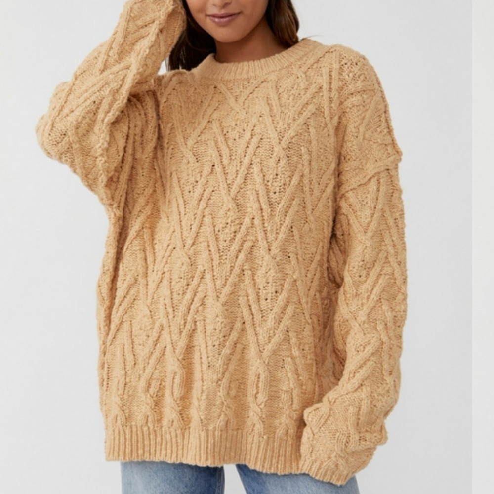 Free People Isla Cable Stitch Sweater in Tan XS Relaxed Oversized Boho Grandma